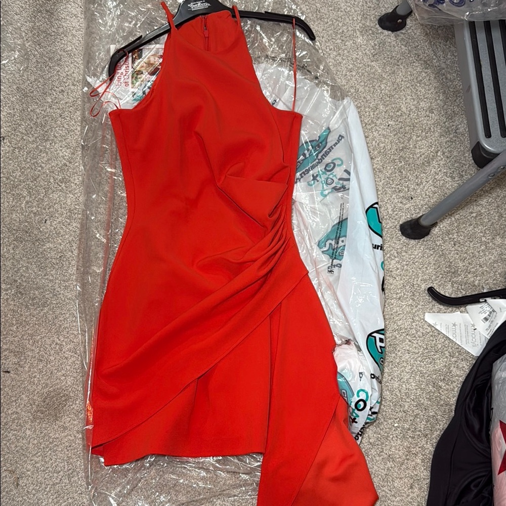 Badgley Mischka Burnt Orange Asymmetrical Halter Cocktail Dress